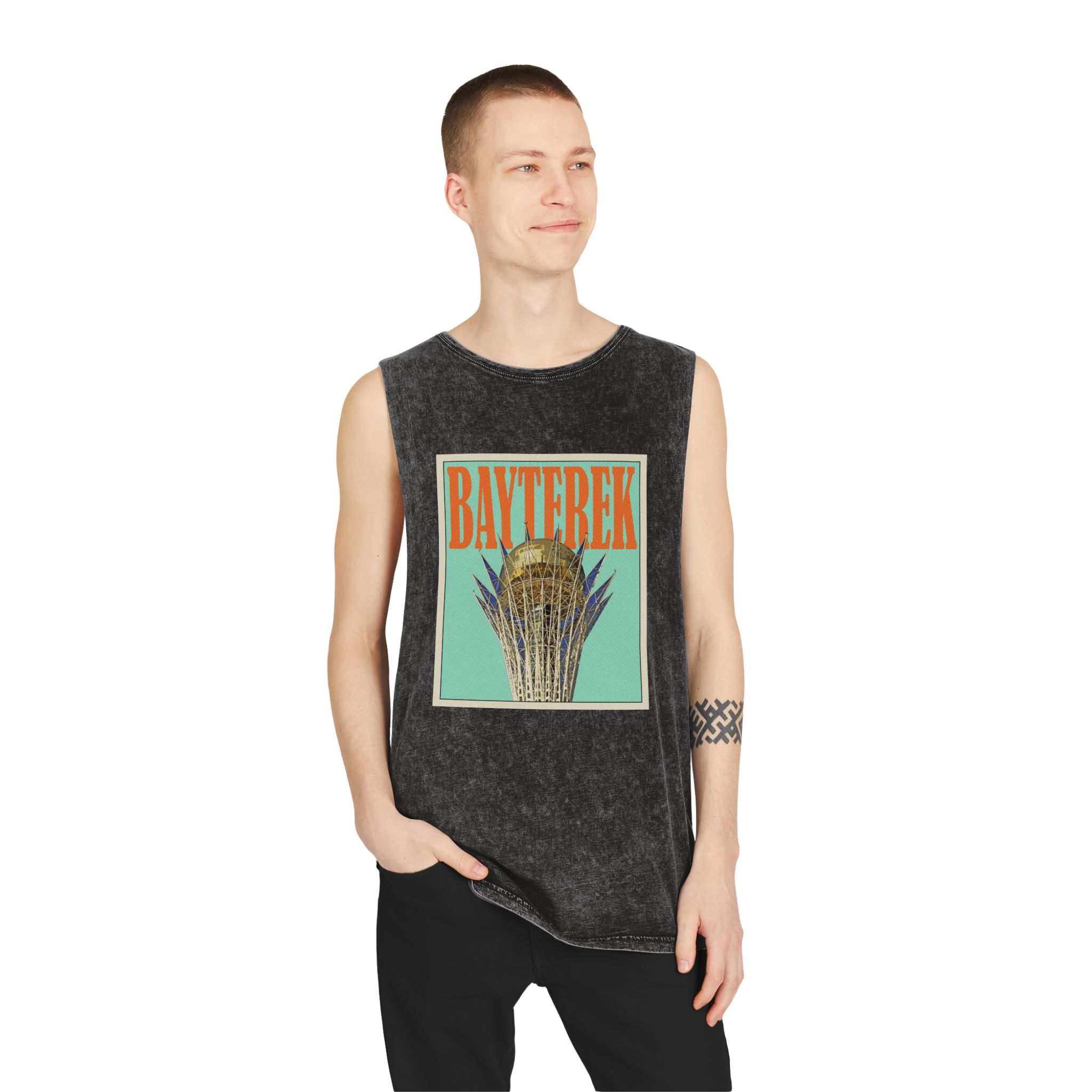 Bayterek Retro Travel Poster Unisex Stonewash Tank Top - Image 3