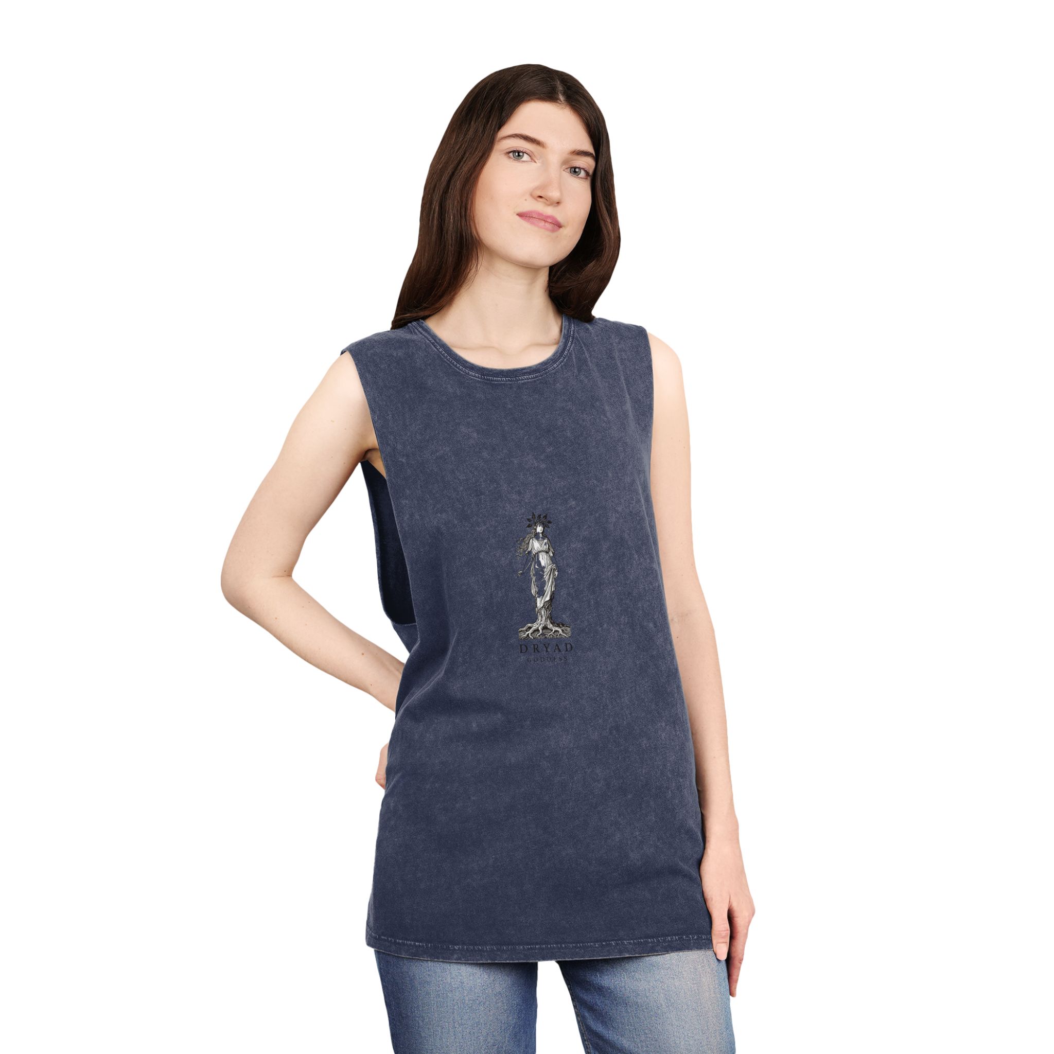 Engraved Logo Dryad Tree Spirit Woman With Roots Branches Symbolizing Forest Goddess Unisex Stonewash Tank Top - Image 16