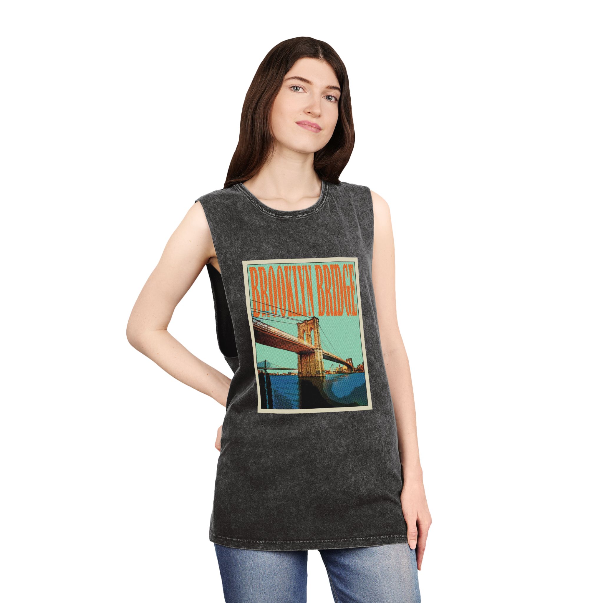 Brooklyn Bridge Retro Travel Poster Unisex Stonewash Tank Top - Image 4