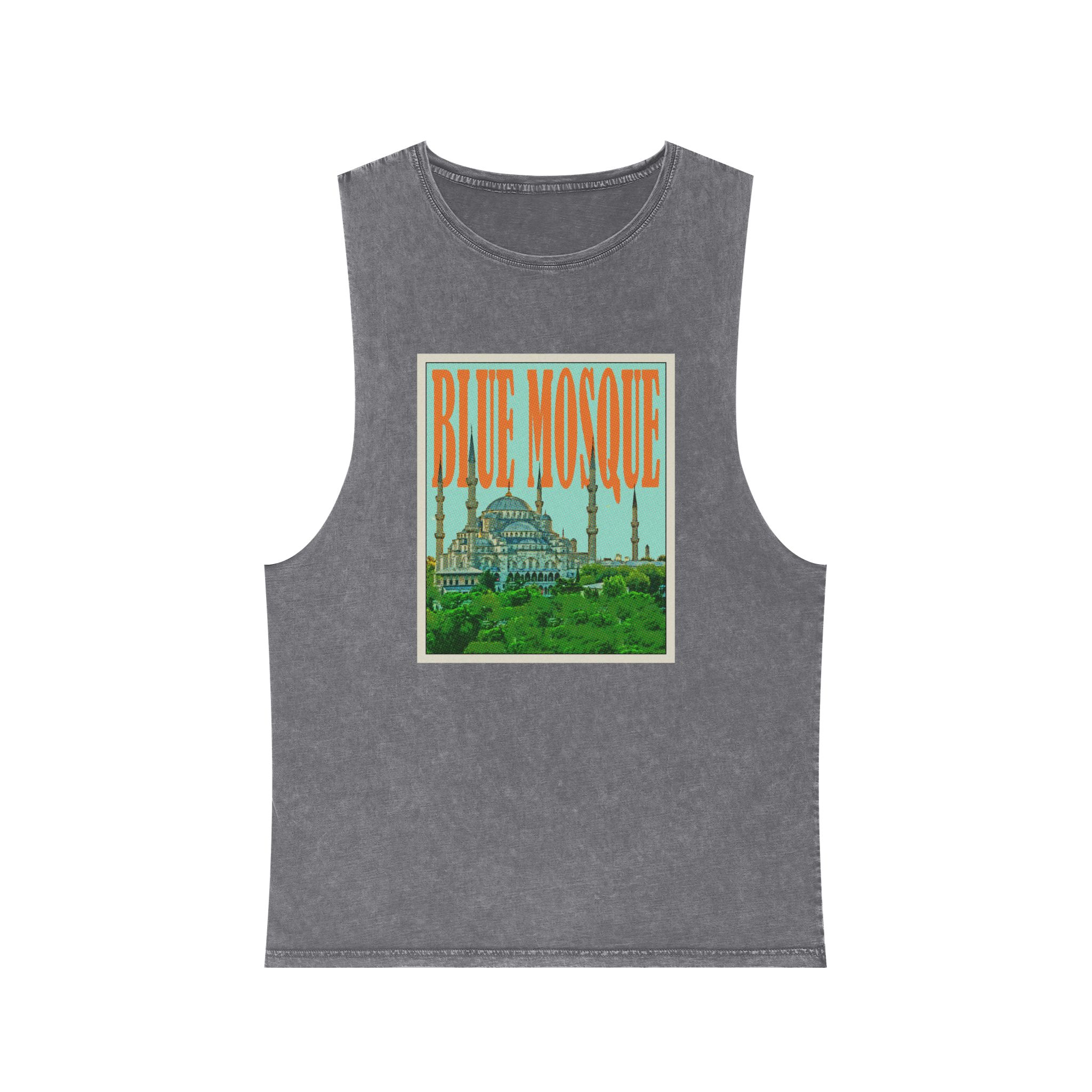 Blue Mosque Retro Travel Poster Unisex Stonewash Tank Top - Image 9