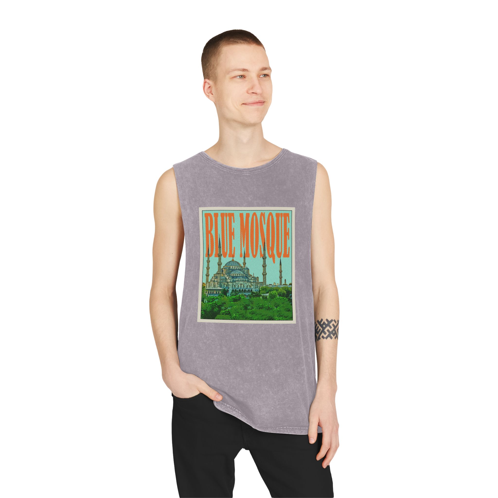 Blue Mosque Retro Travel Poster Unisex Stonewash Tank Top - Image 19