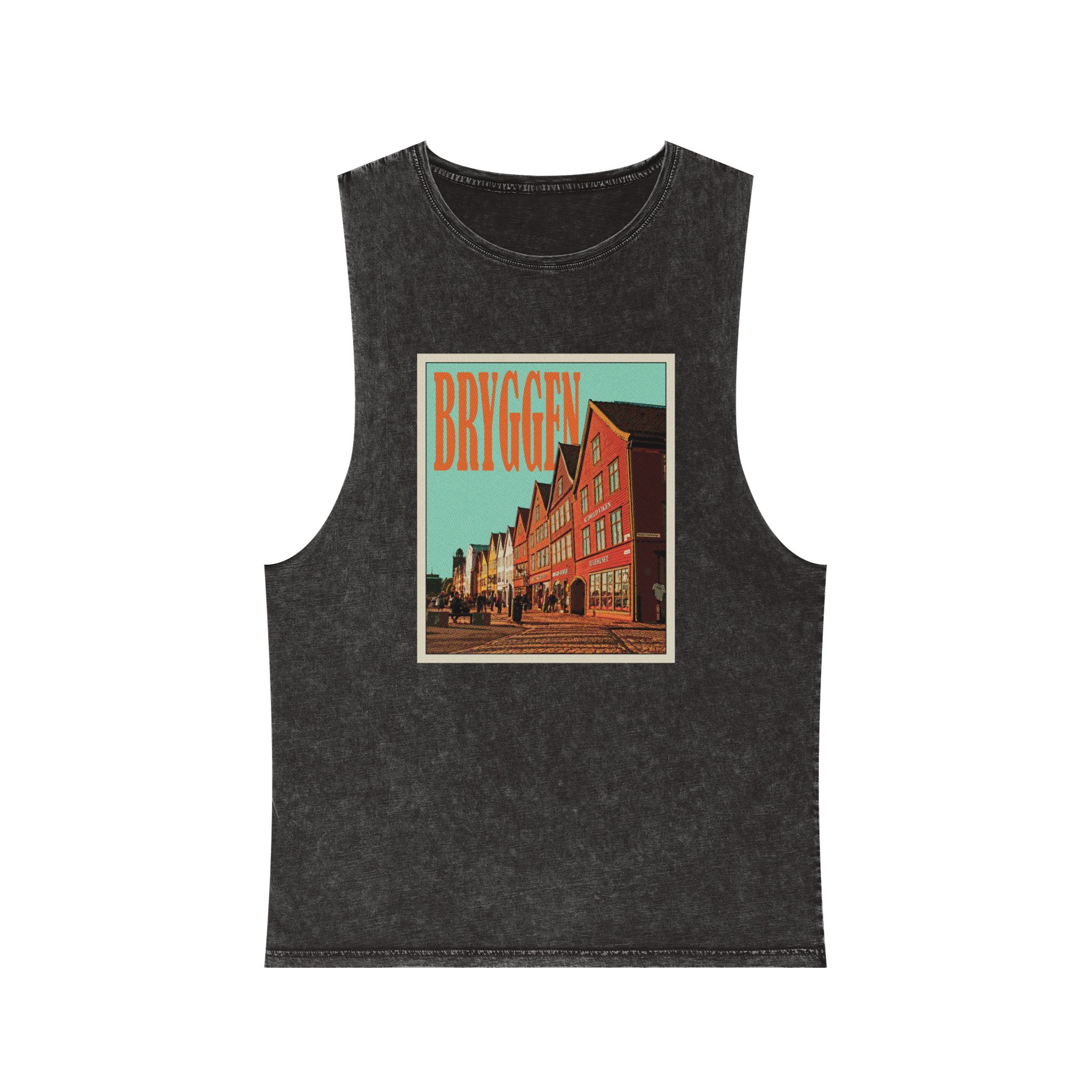 Bryggen Retro Travel Poster Unisex Stonewash Tank Top