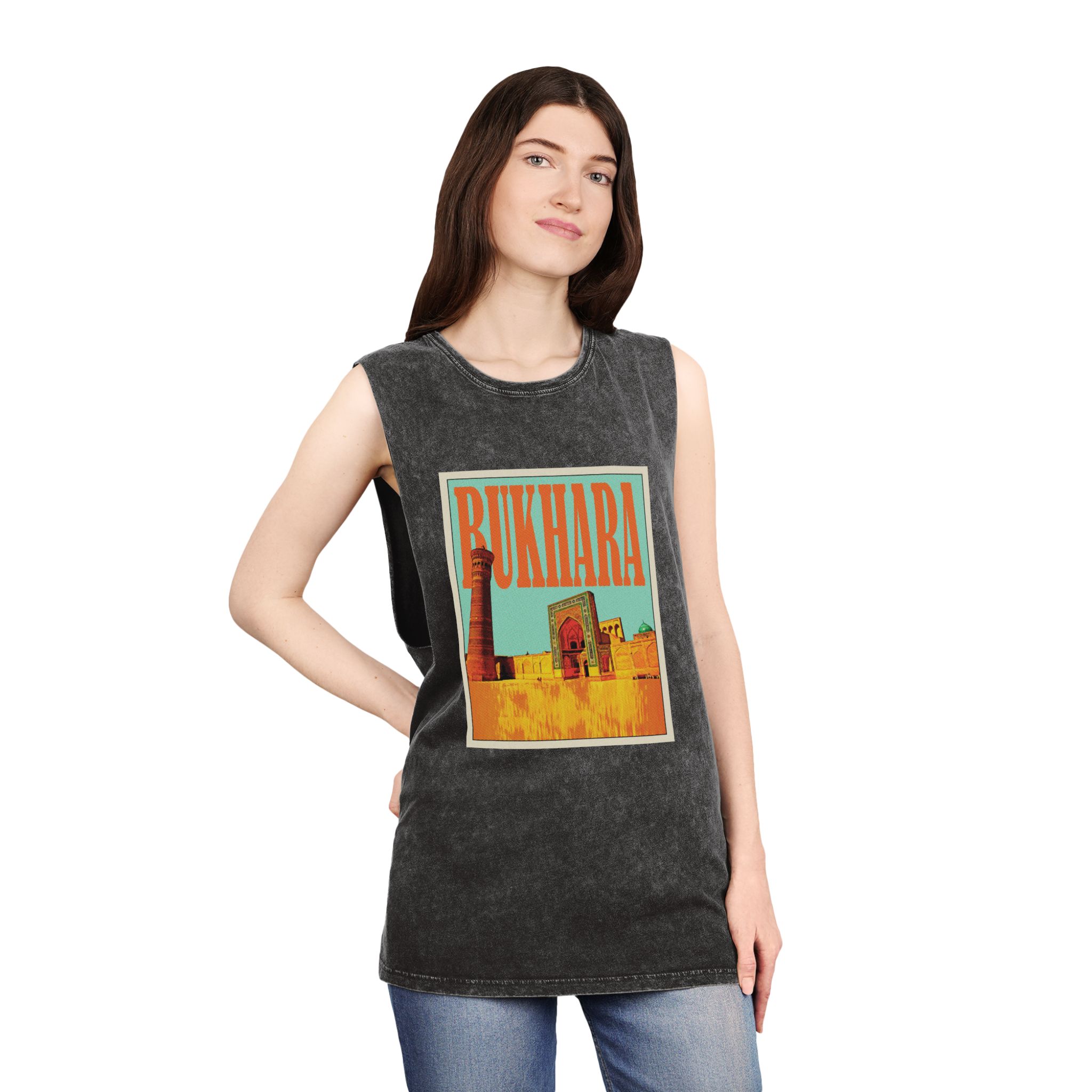 Bukhara Retro Travel Poster Unisex Stonewash Tank Top - Image 4