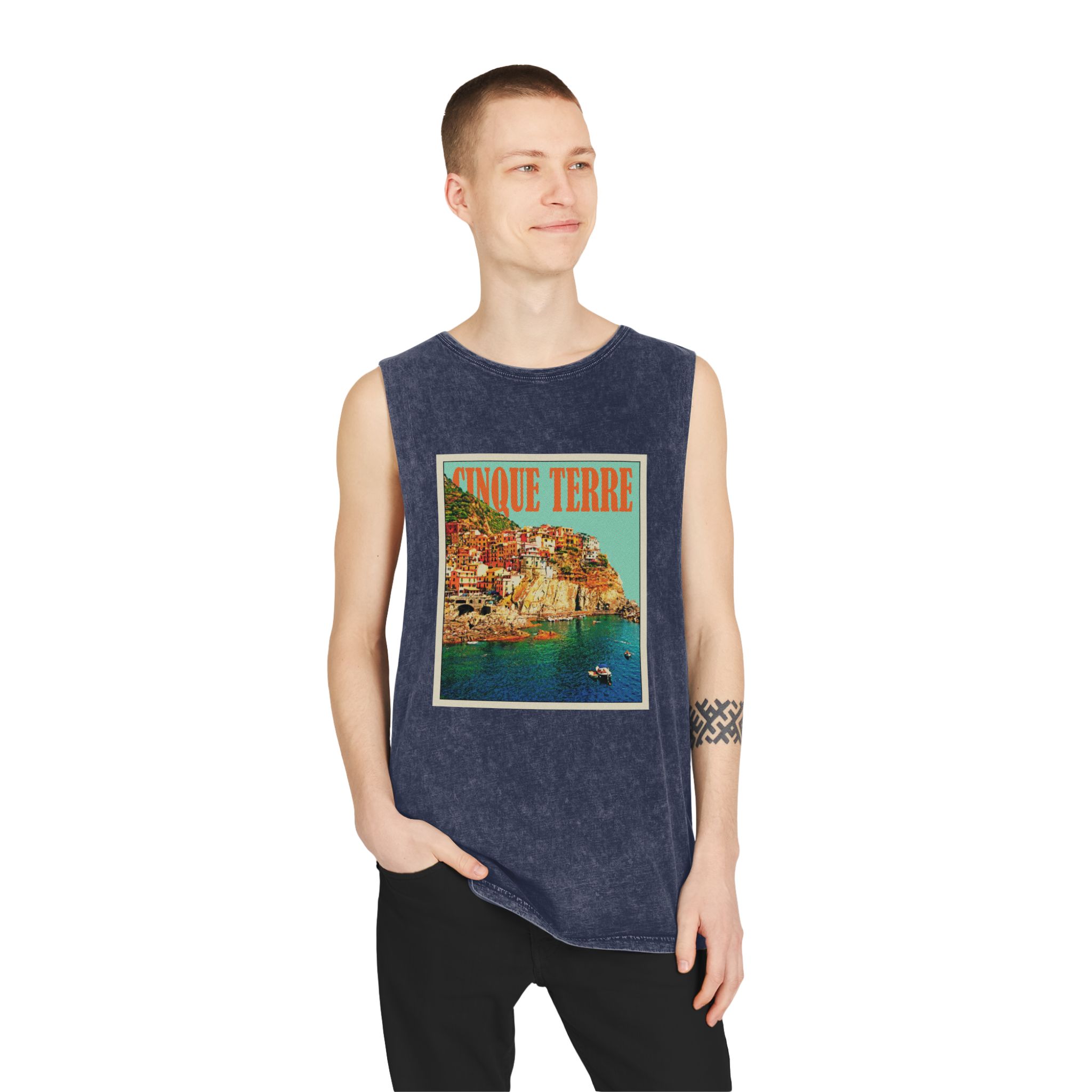 Cinque Terre Retro Travel Poster Unisex Stonewash Tank Top - Image 15