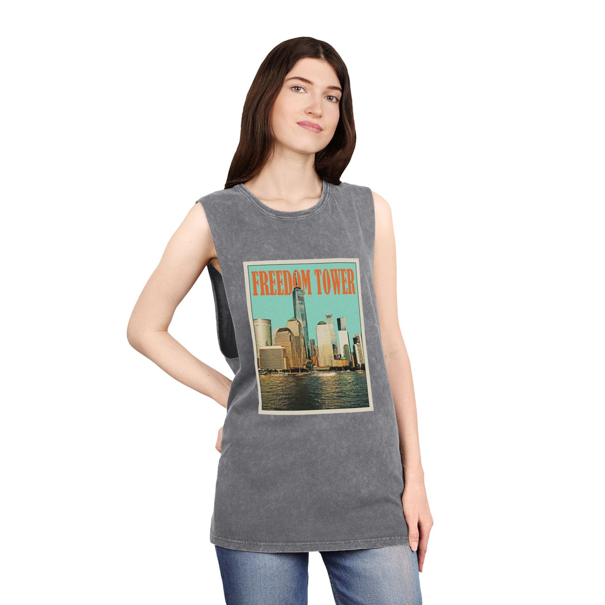 Freedom Tower Retro Travel Poster Unisex Stonewash Tank Top - Image 12