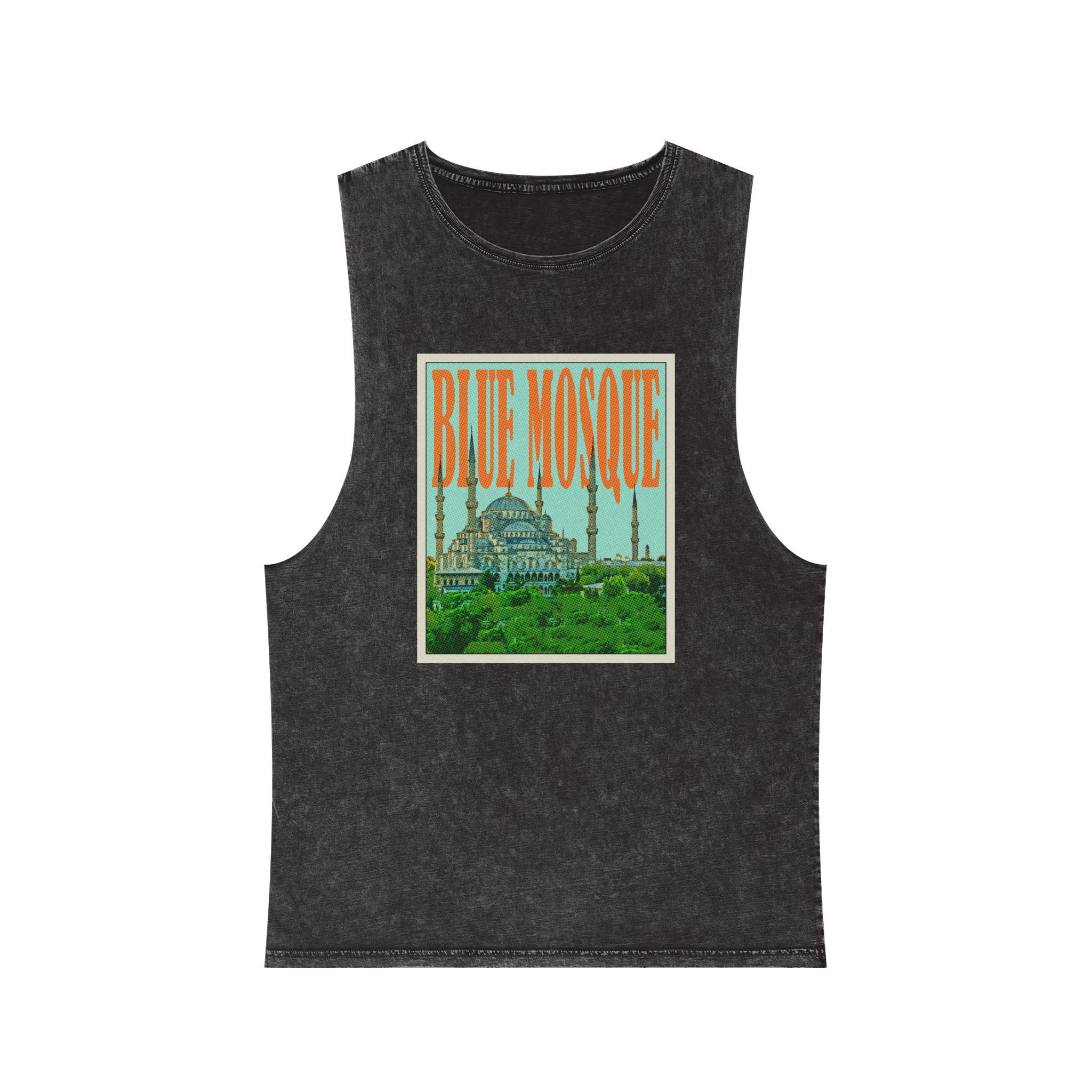 Blue Mosque Retro Travel Poster Unisex Stonewash Tank Top