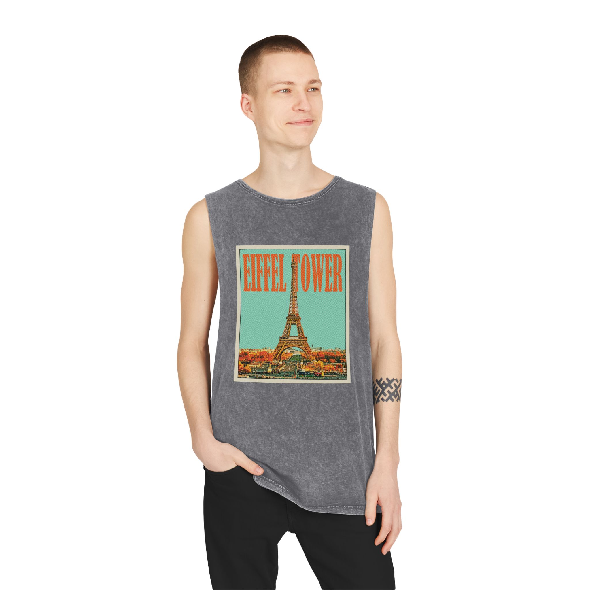 Eiffel Tower Retro Travel Poster (1) Unisex Stonewash Tank Top - Image 11
