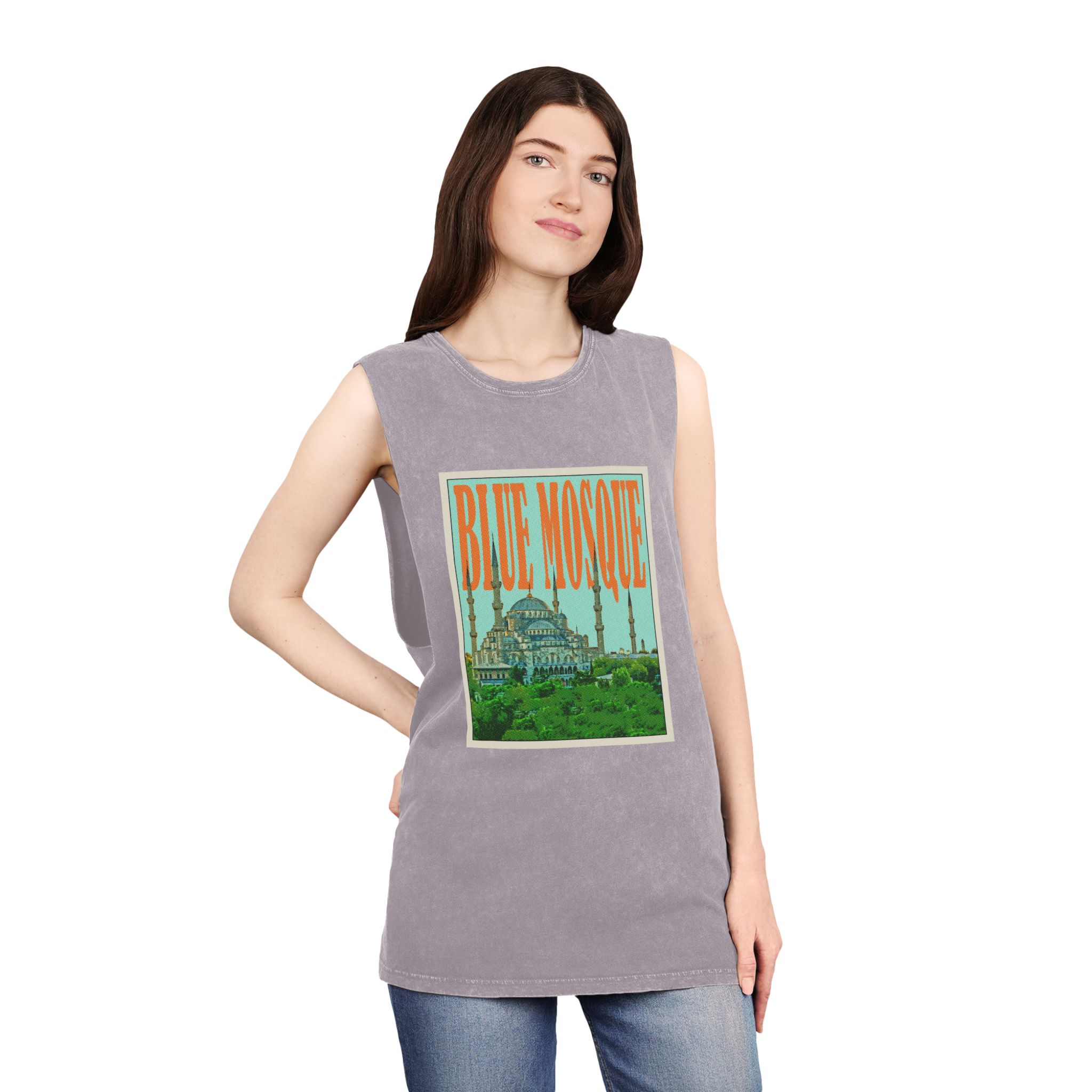 Blue Mosque Retro Travel Poster Unisex Stonewash Tank Top - Image 20