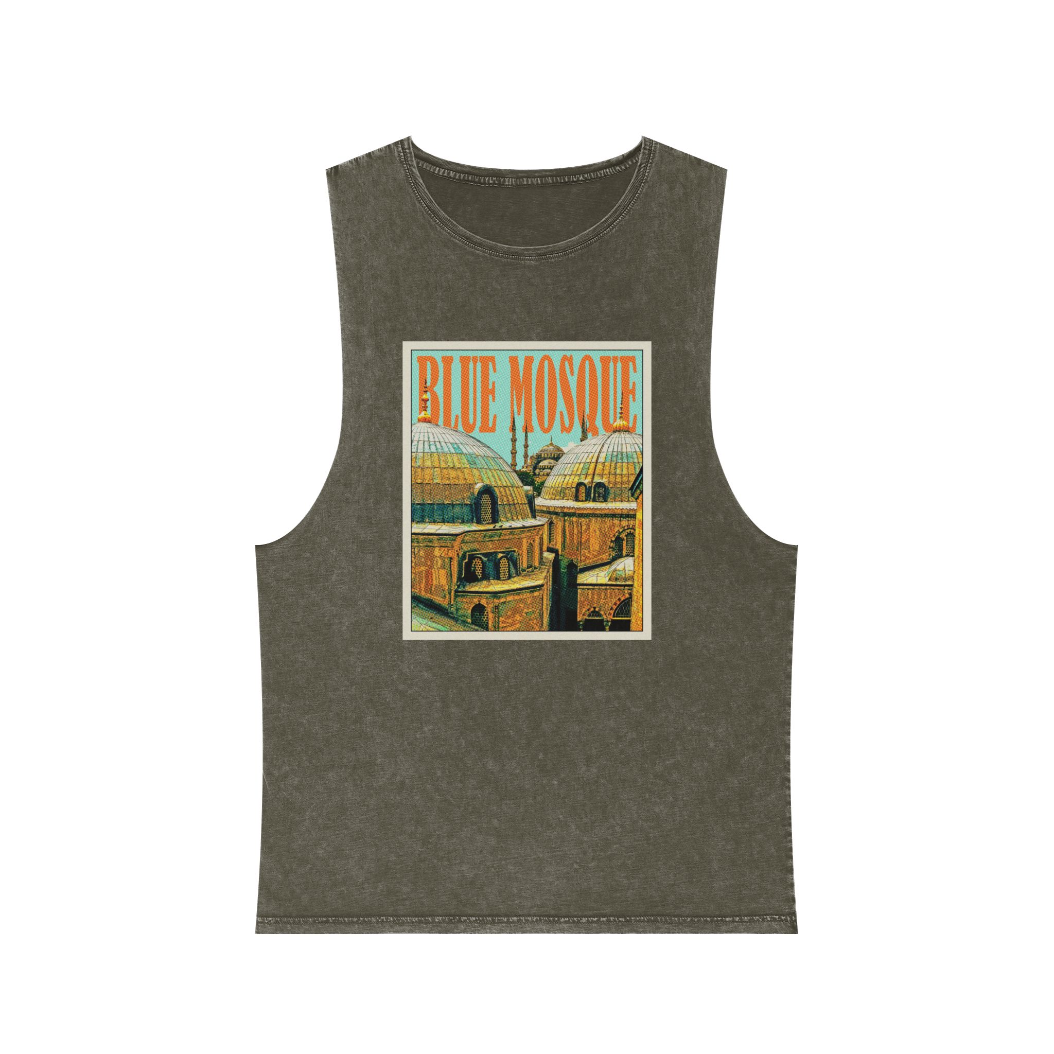 Blue Mosque Retro Travel Poster (1) Unisex Stonewash Tank Top - Image 5