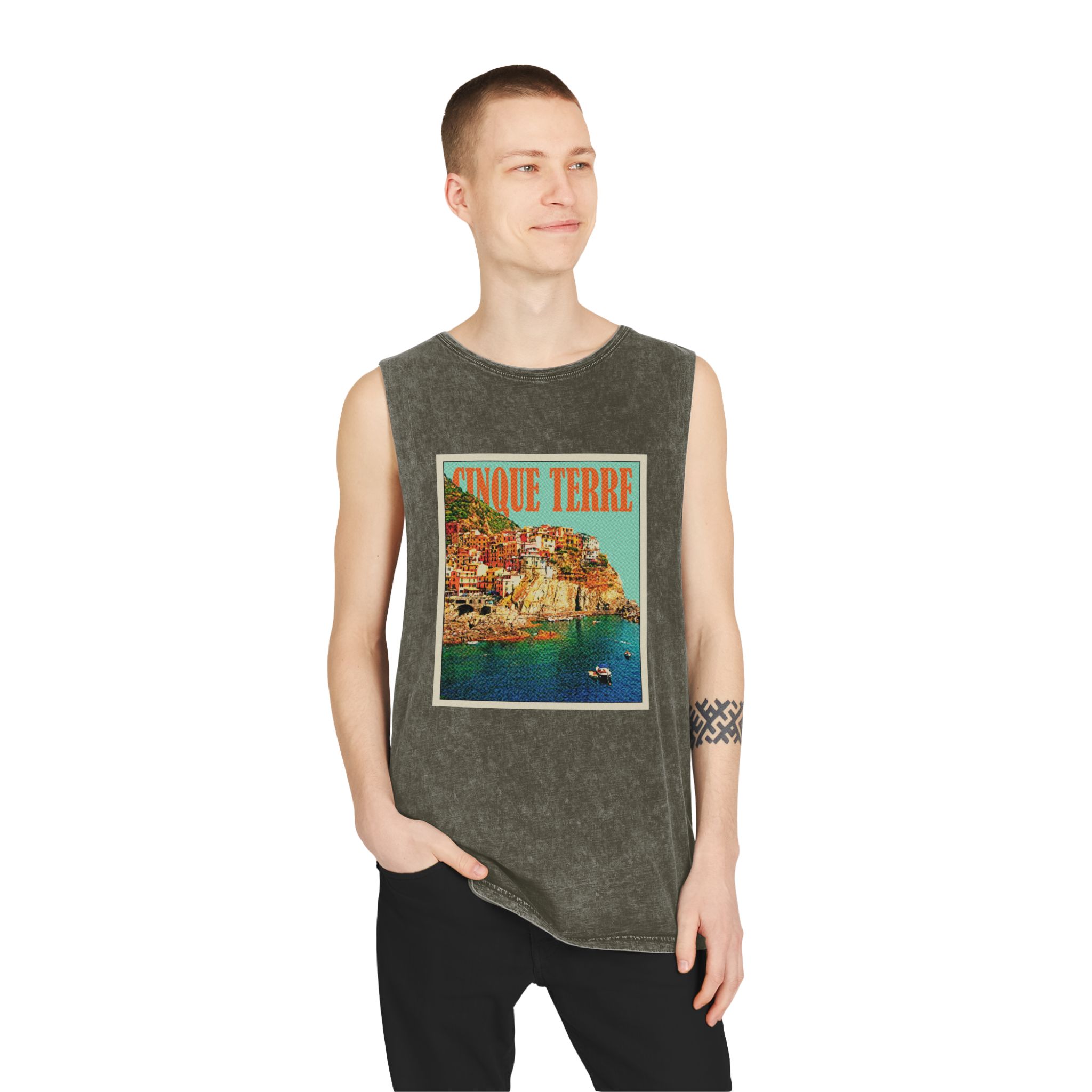 Cinque Terre Retro Travel Poster Unisex Stonewash Tank Top - Image 7
