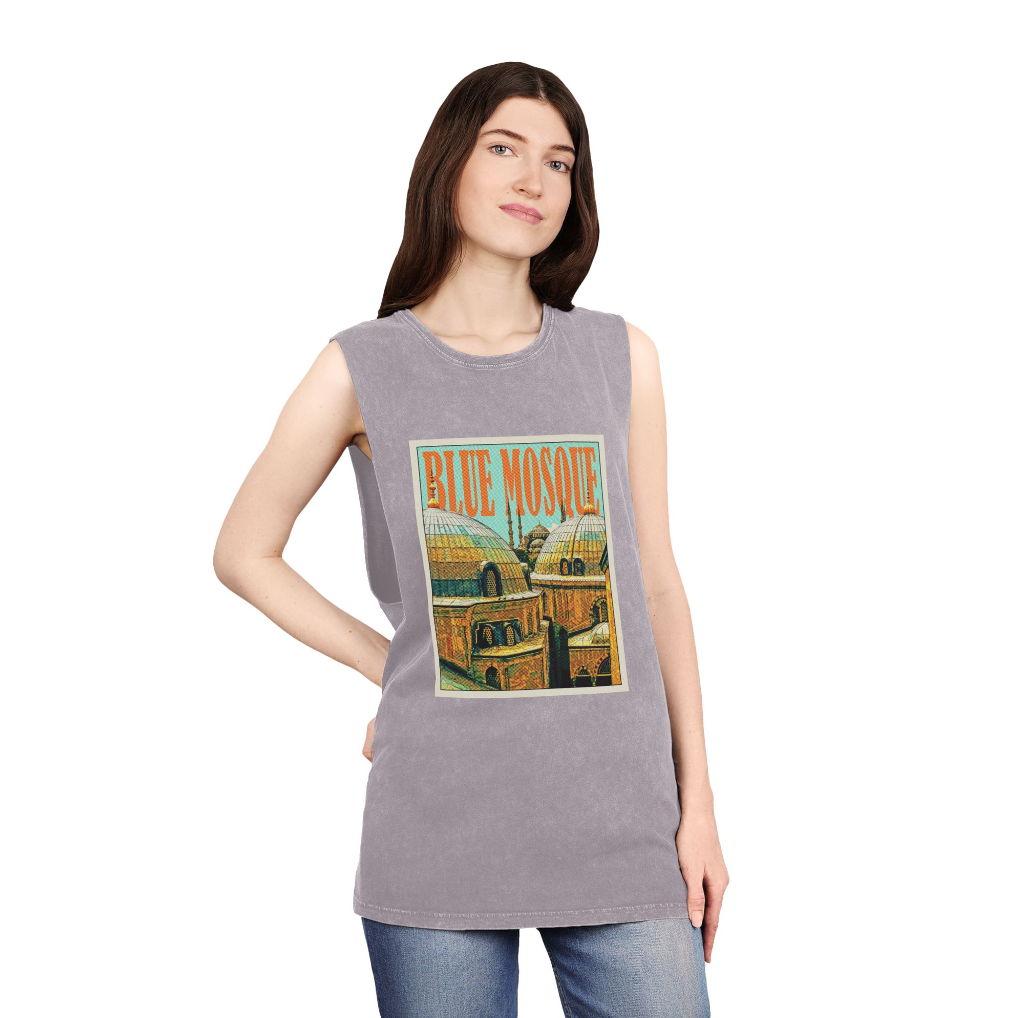 Blue Mosque Retro Travel Poster (1) Unisex Stonewash Tank Top - Image 20