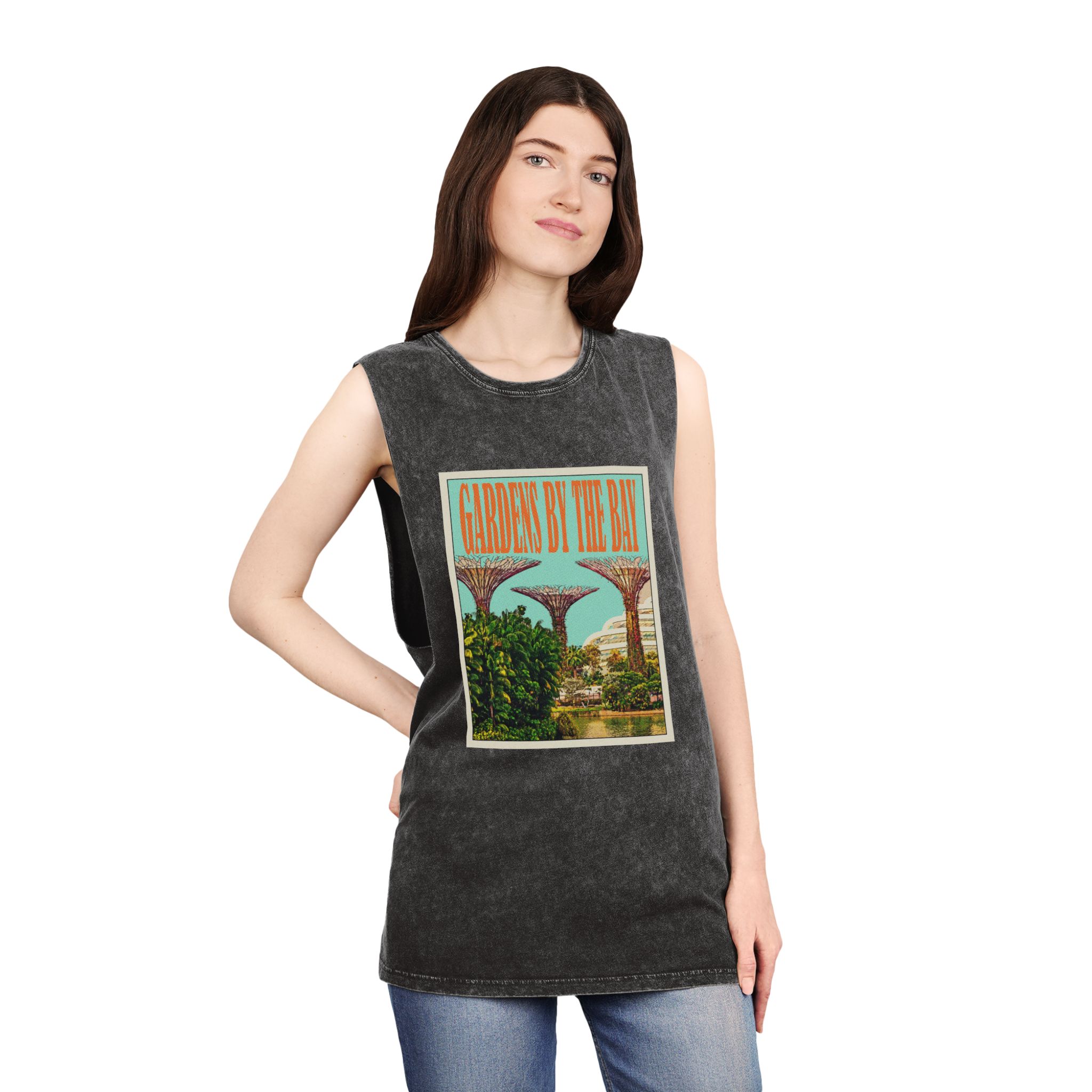 Gardens By Bay Retro Travel Poster (1) Unisex Stonewash Tank Top - Image 4