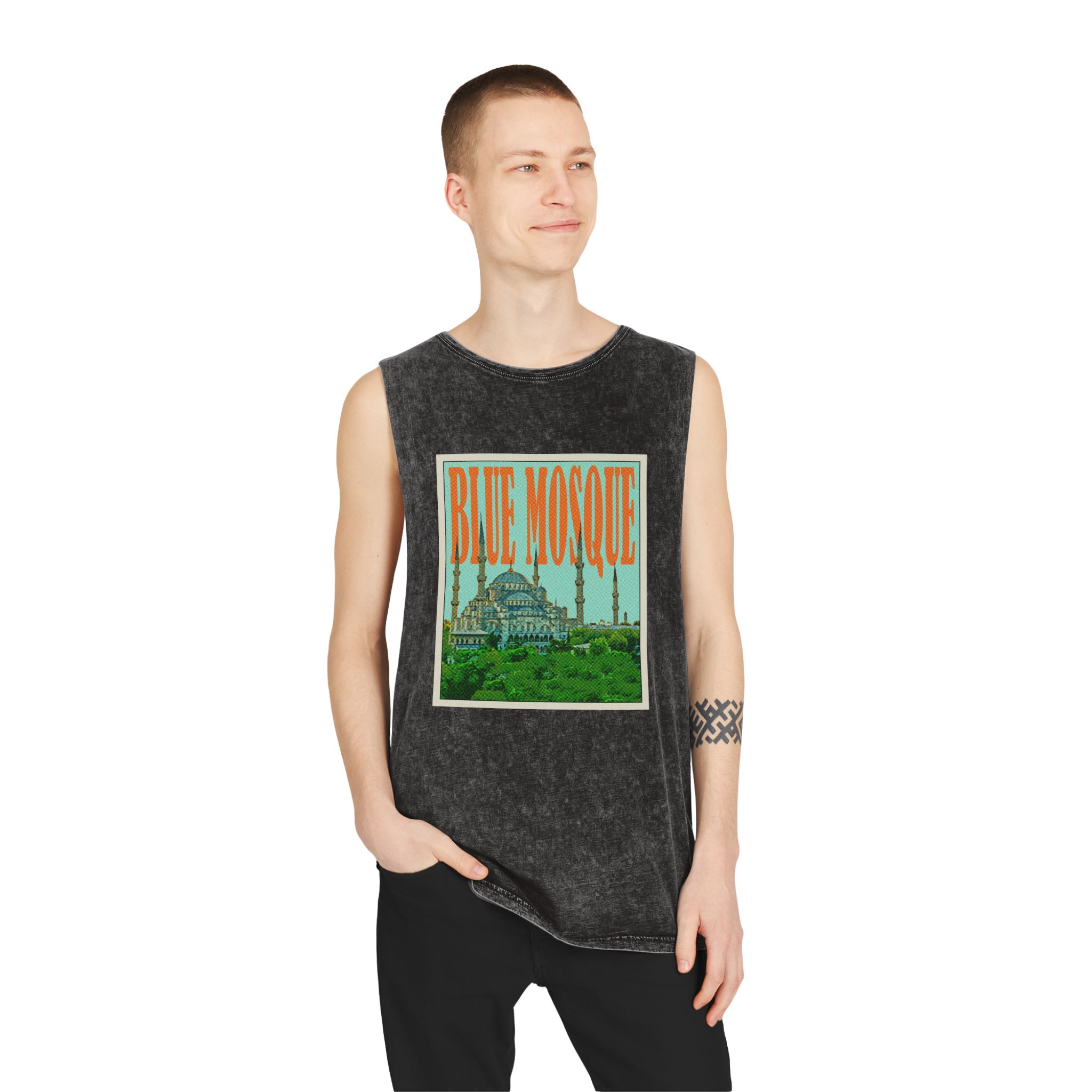 Blue Mosque Retro Travel Poster Unisex Stonewash Tank Top - Image 3