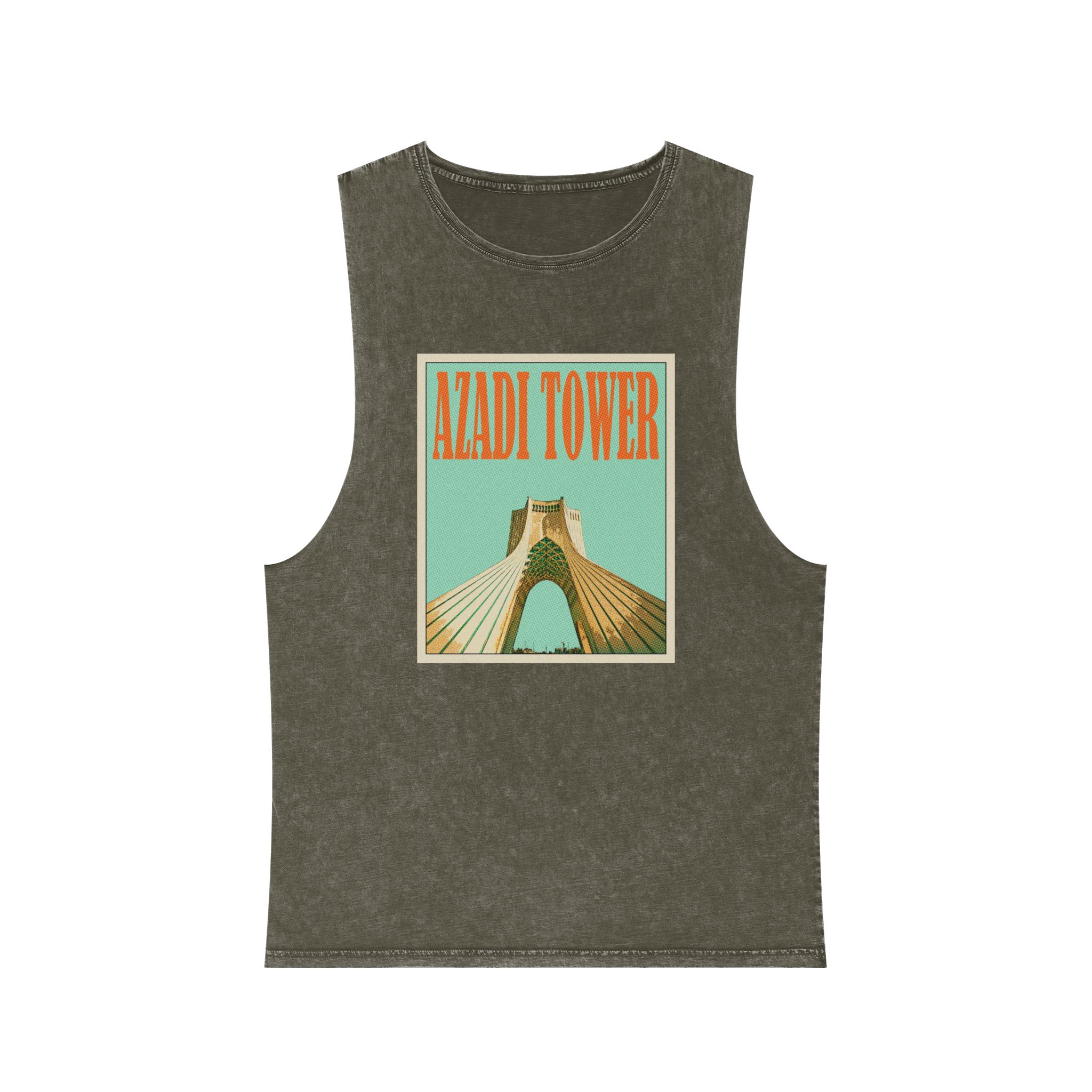 Azadi Tower Retro Travel Poster Unisex Stonewash Tank Top - Image 5