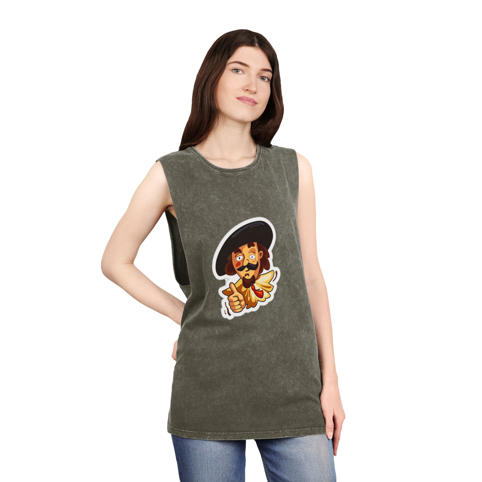 Cartoon Musketeer Thumbs Up Unisex Stonewash Tank Top - Image 8