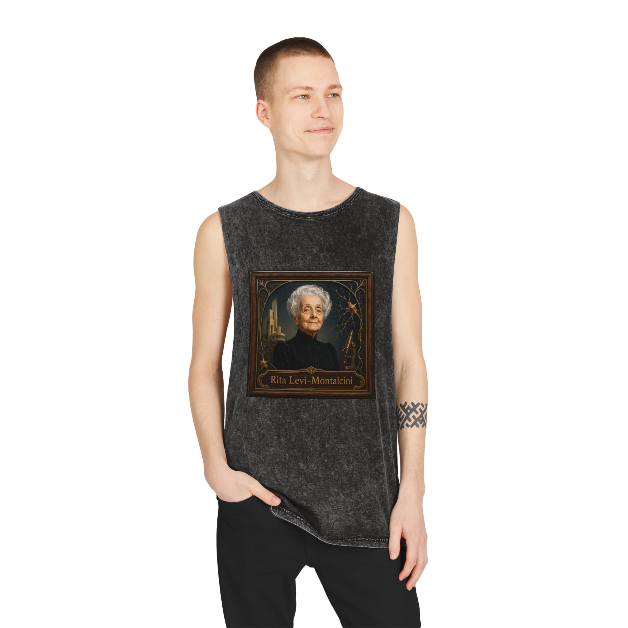 Rita Levi Montalcini Unisex Stonewash Tank Top - Image 3