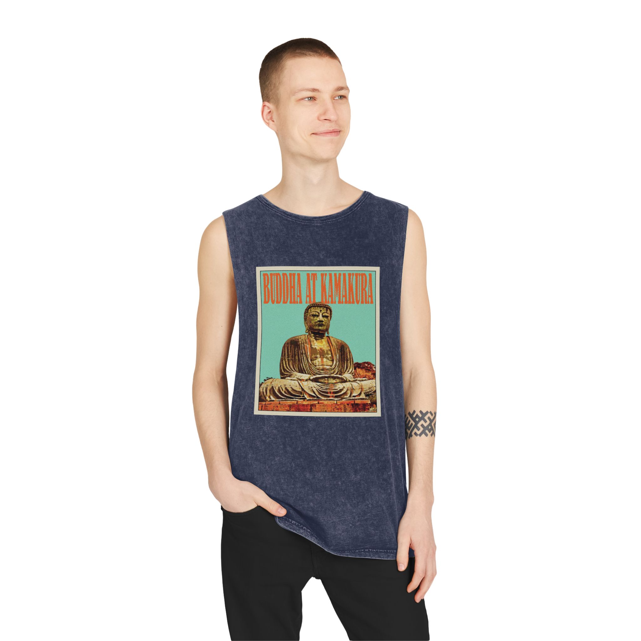 Buddha Kamakura Retro Travel Poster (1) Unisex Stonewash Tank Top - Image 15