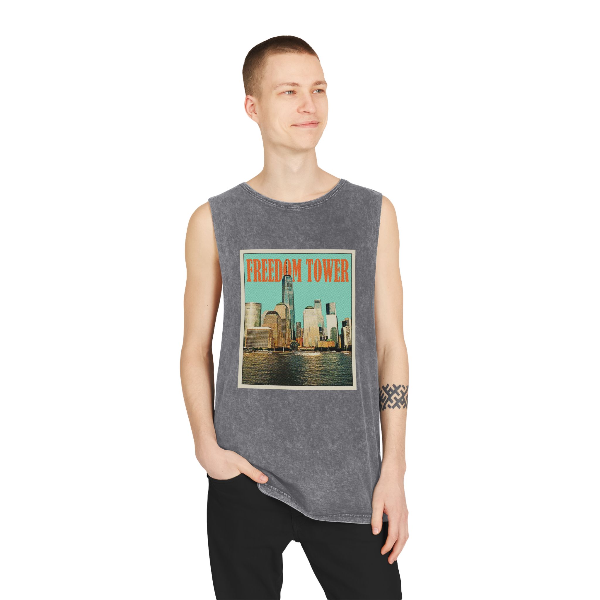 Freedom Tower Retro Travel Poster Unisex Stonewash Tank Top - Image 11