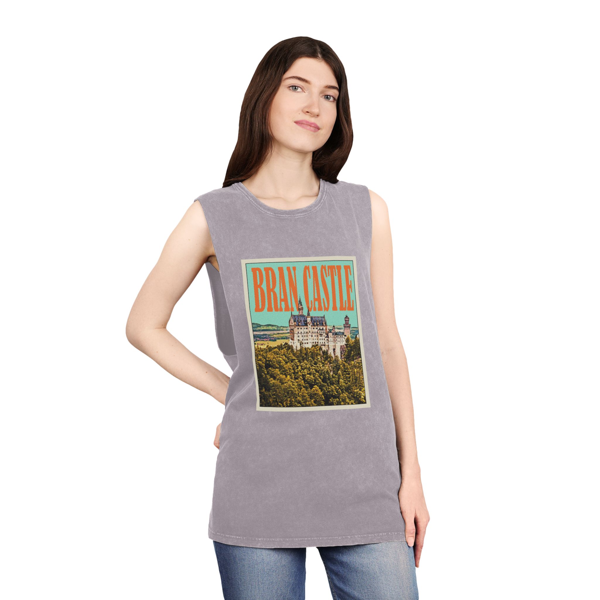 Bran Castle Retro Travel Poster Unisex Stonewash Tank Top - Image 20