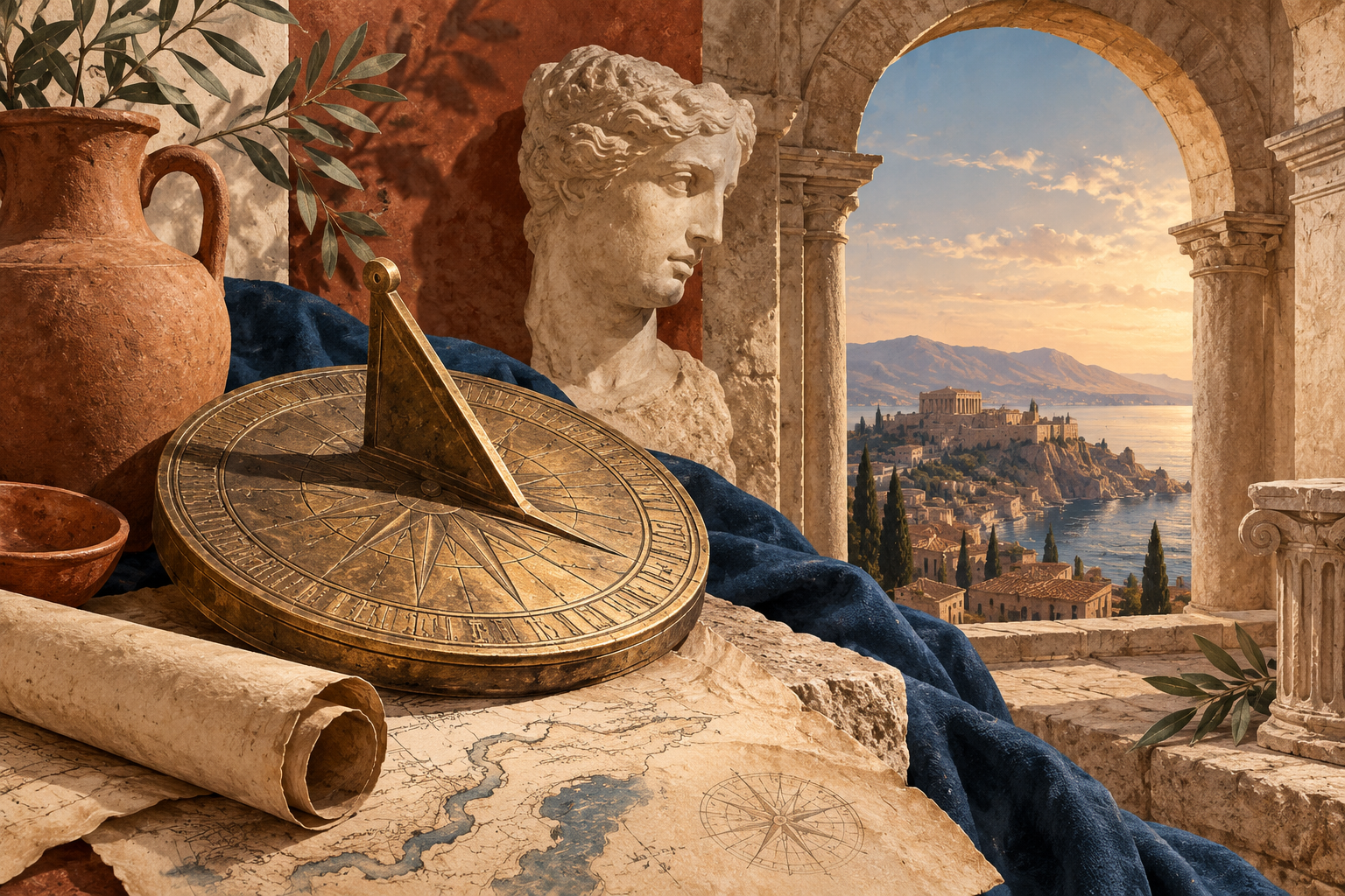 antique brass sundial and stone classical arch, parchment, terracotta and ink blue, museum editorial collage
